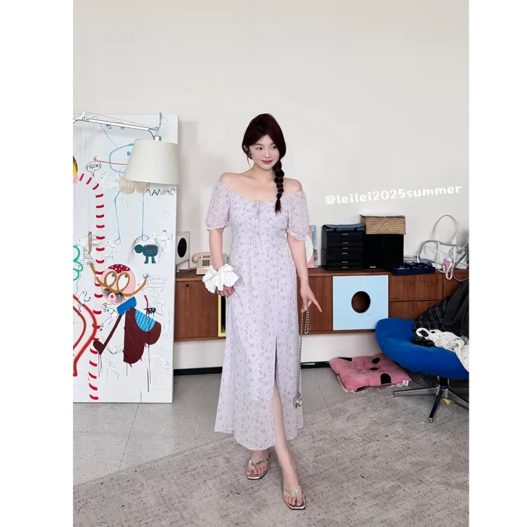 晶咕【诺丽尔玫瑰】法式复古碎花U领系带短袖连衣裙夏季