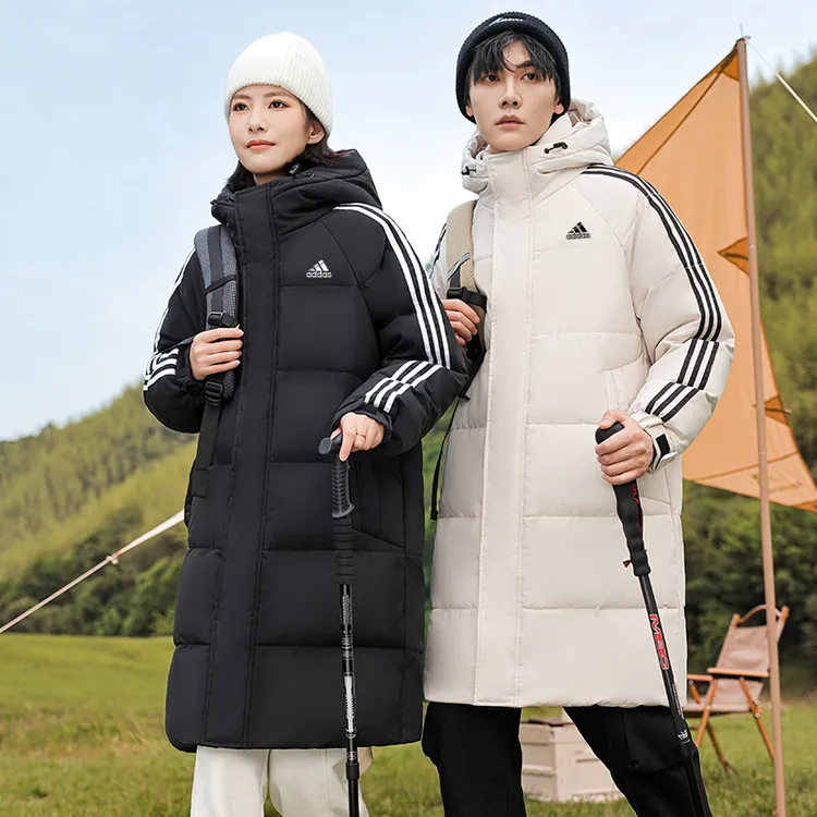 户外三条杠中长款羽绒服男保暖工装风时尚情侣长款加绒羽绒服男款