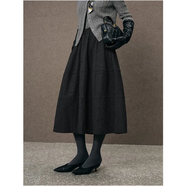 羊毛呢法式赫本风半身裙女2025秋季新款高腰显瘦中长款a字伞裙子