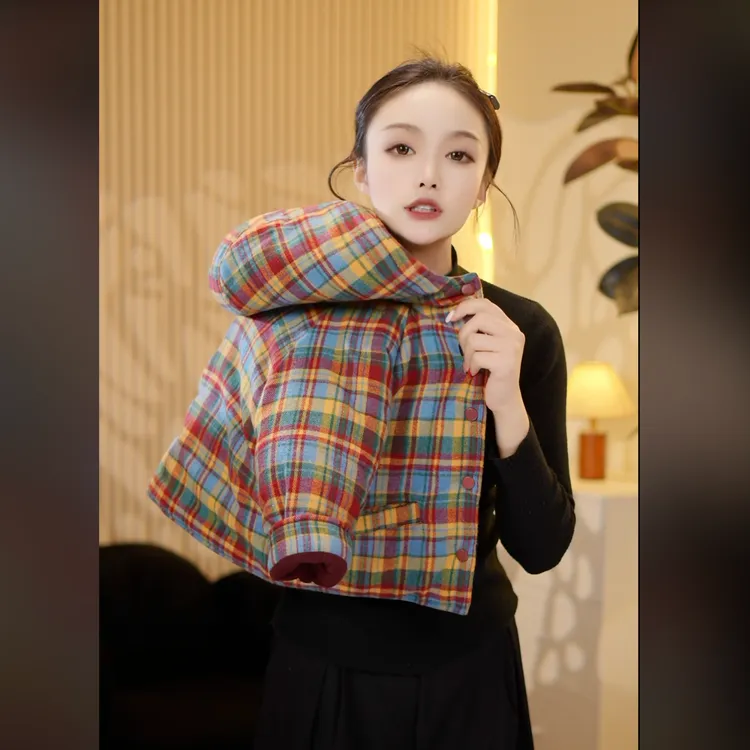 2025秋冬季新款儿童时尚宽松韩版连帽格子加厚保暖潮流棉服外套