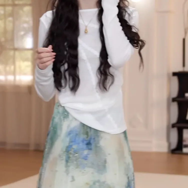 夏季新款纯色蕾丝花边长袖t恤