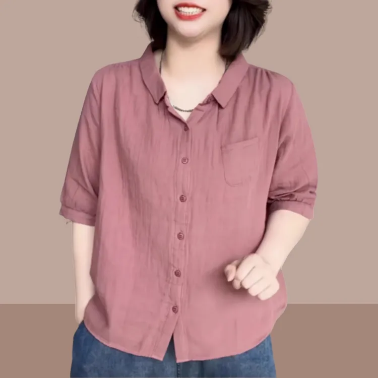 薄款棉麻女士衬衫2025夏季新款复古纯色翻领短袖宽松显瘦开衫上衣
