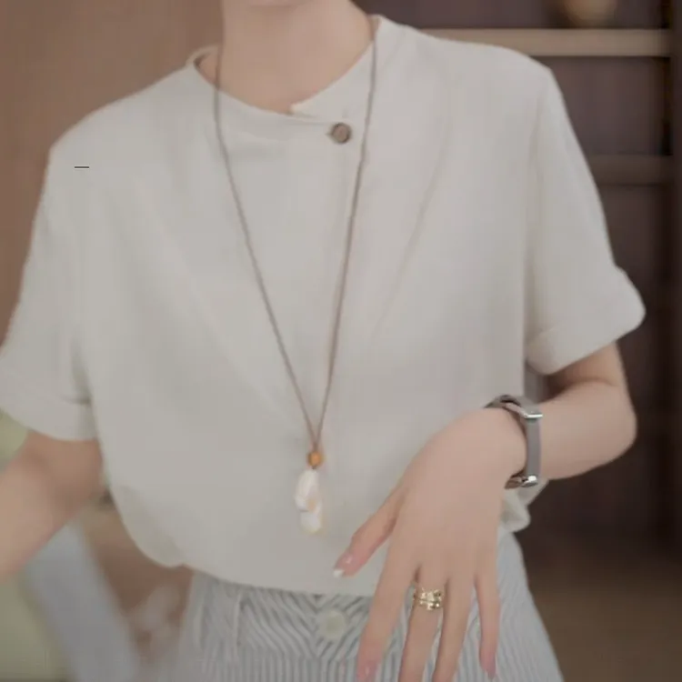 设计感时尚纯色轻奢气质短袖T恤女2025夏季新款小众宽松显瘦上衣