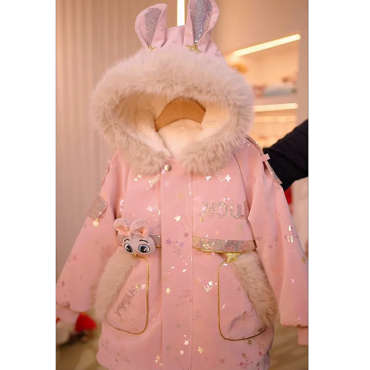 M【兔子警官 .免洗皮衣】女童中长款加绒加厚冬季兔子耳朵派克服