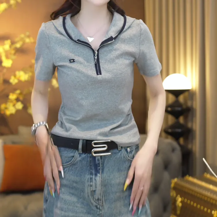 2025春夏百搭帽衫显瘦半开领短袖T恤上衣LK2501592