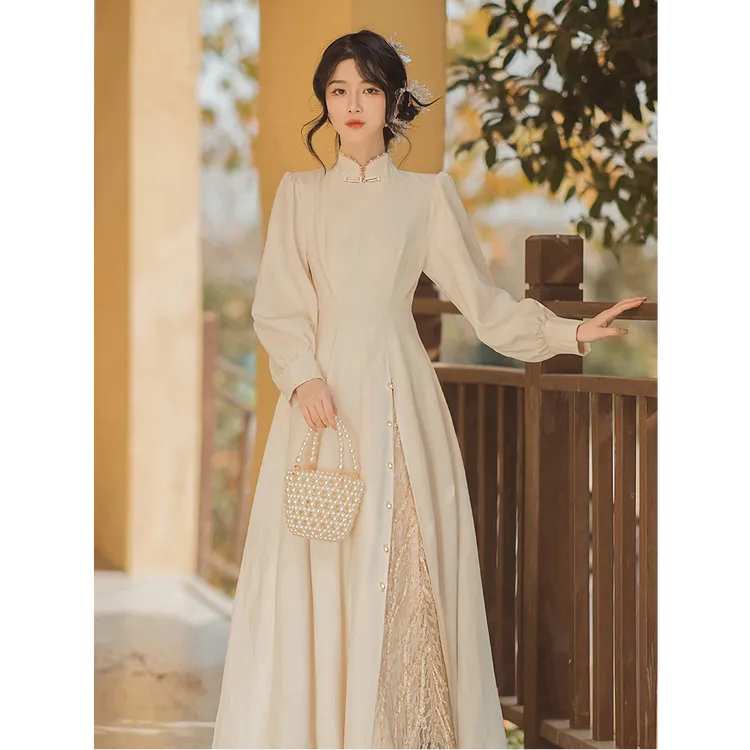 原创新中式国风改良旗袍连衣裙蕾丝拼接长裙结婚登记小礼服仙女裙