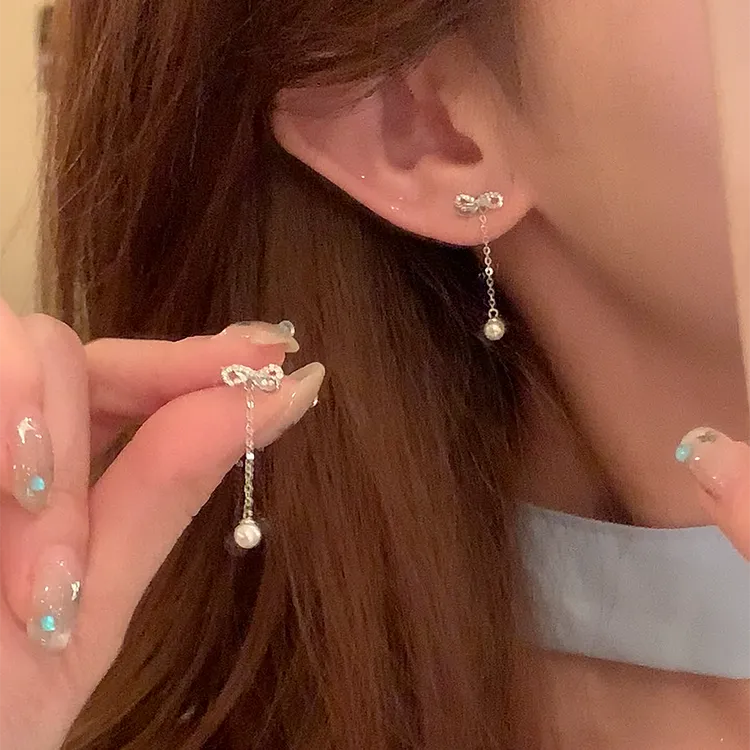 芒果饰品 铜合金锆石耳饰 韩系蝴蝶结珍珠流苏耳环女气质耳针耳饰