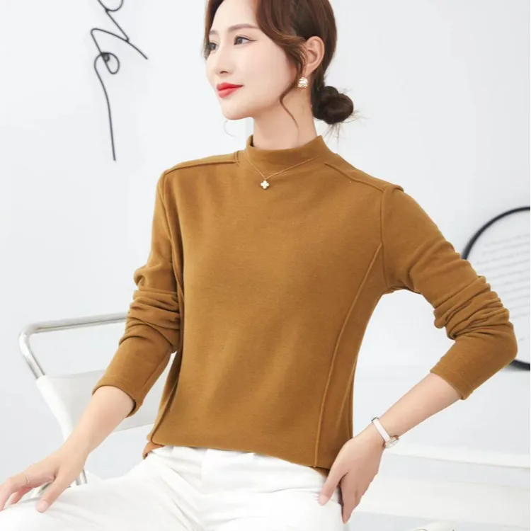 腾坊半高领肩线设计双面澳绒打底衫女冬款长袖t恤小立领内搭3027