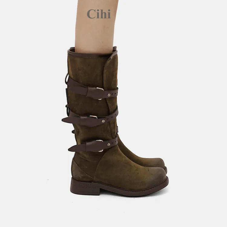 Cihi'Ahoilc' 做旧擦色 粗跟厚底褶皱复古长靴
