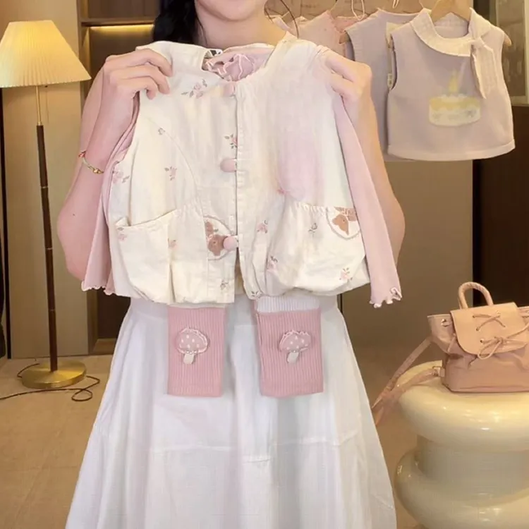 韩系女童秋季新款甜美可爱小熊马甲粉色打底衫米杏色蘑菇打底裤潮