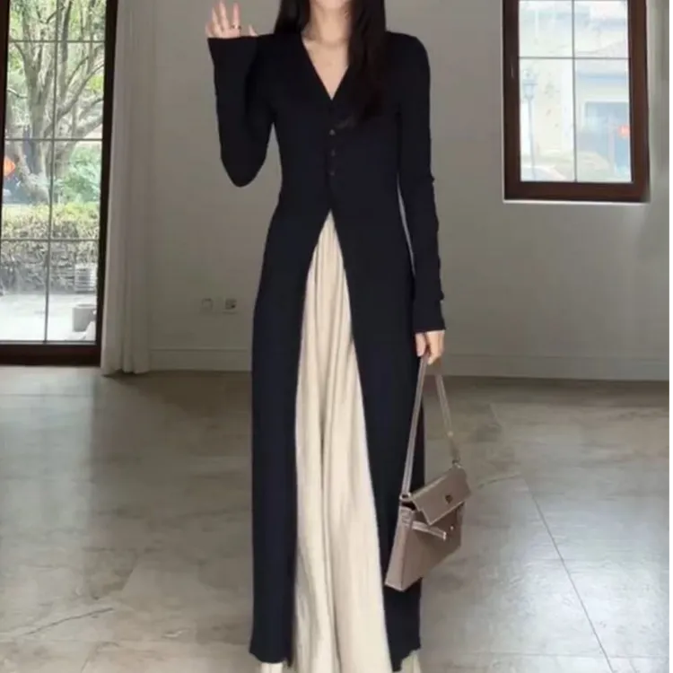 大码胖mm高级感V领长款开衫裤裙春季新款时尚大气禅意风显瘦穿搭