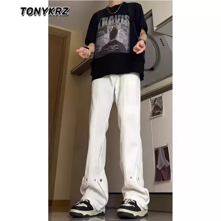  TONYKRZ复古水洗牛仔裤男潮牌宽松高街排扣休闲裤阔腿直筒微喇裤