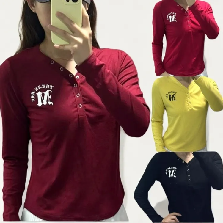 秋上新V领暗扣半开衫长袖修身显瘦时尚百搭高弹力棉上衣