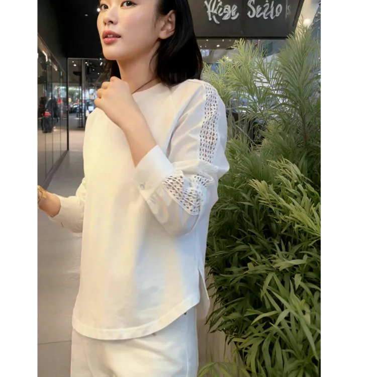 圆领长袖肩膀镂空设计上衣2025春季新款洋气百搭时尚白色开叉T恤