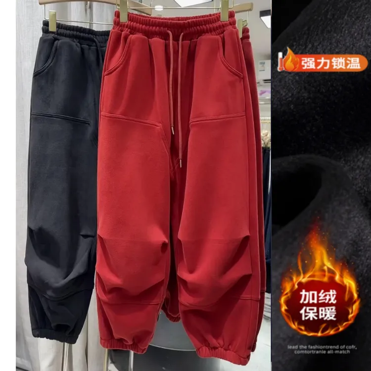 今年流行时尚收口休闲卫裤2025冬季新款加绒显瘦九分束脚裤