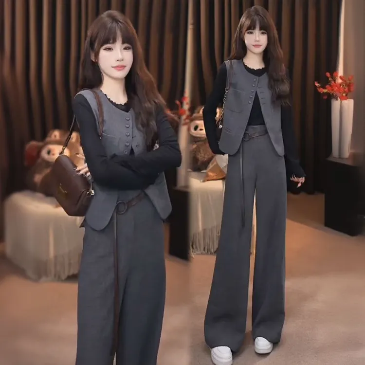 La babite时尚套装女2025秋款长袖打底衫马甲阔腿裤气质三件套