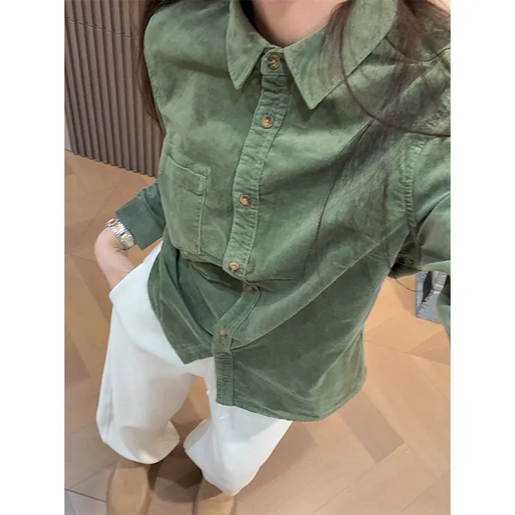 韩版百搭宽松polo领条绒衬衫潮2025秋冬时尚休闲中长款纯色上衣女