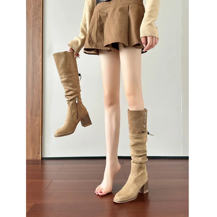 绒面复古两穿翻折高跟堆堆靴长筒靴厚底粗跟棕色美拉德西部骑士靴