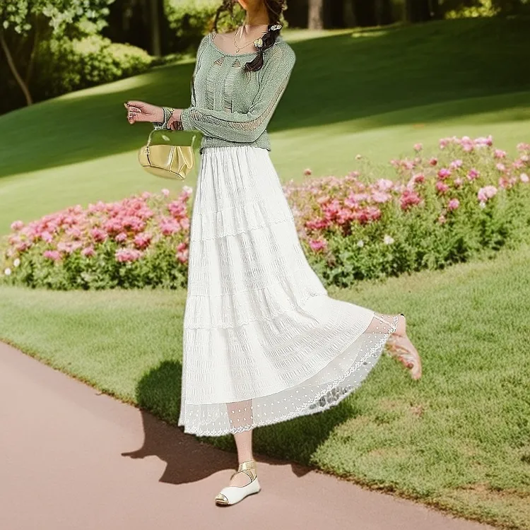 半身裙白色裙子夏季高腰百褶裙减龄a字蕾丝长裙夏季花边独特漂亮