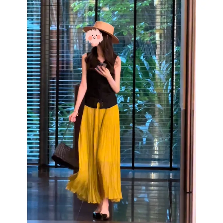 小个子女装两件套2025夏季新款修身V领上衣+高腰显瘦百褶半身裙女