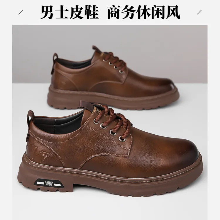 秋新款男士商务休闲皮鞋男复古工装大头系带软底透气皮鞋厚底