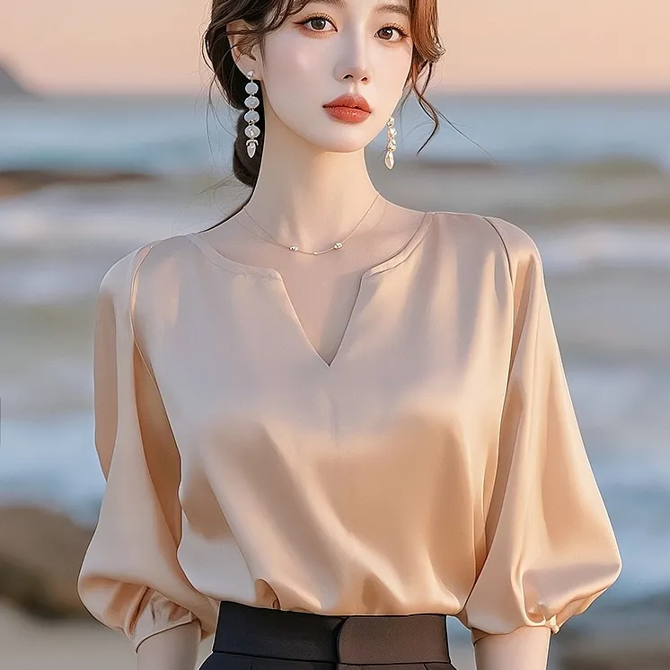 缎面衬衫女夏季2025新款中袖气质通勤时尚衬衣宽松显瘦上衣高级感