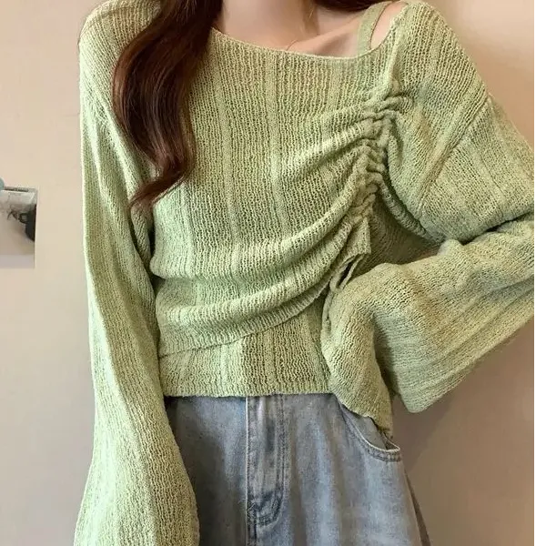 春季多巴胺抽绳针织甜美两件套薄款吊带上衣日系风格透气夏季