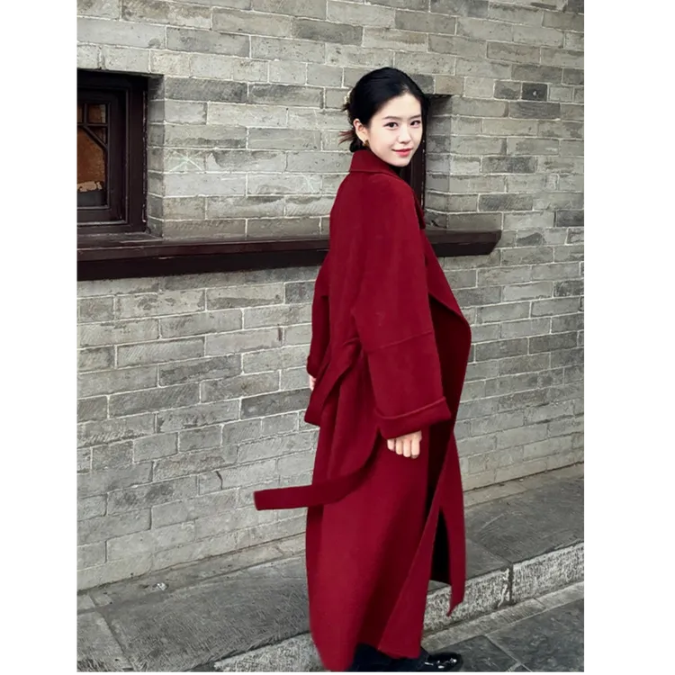 酒红色呢子大衣女中长款宽松穿搭西西里双面毛呢外套秋冬季赫本风