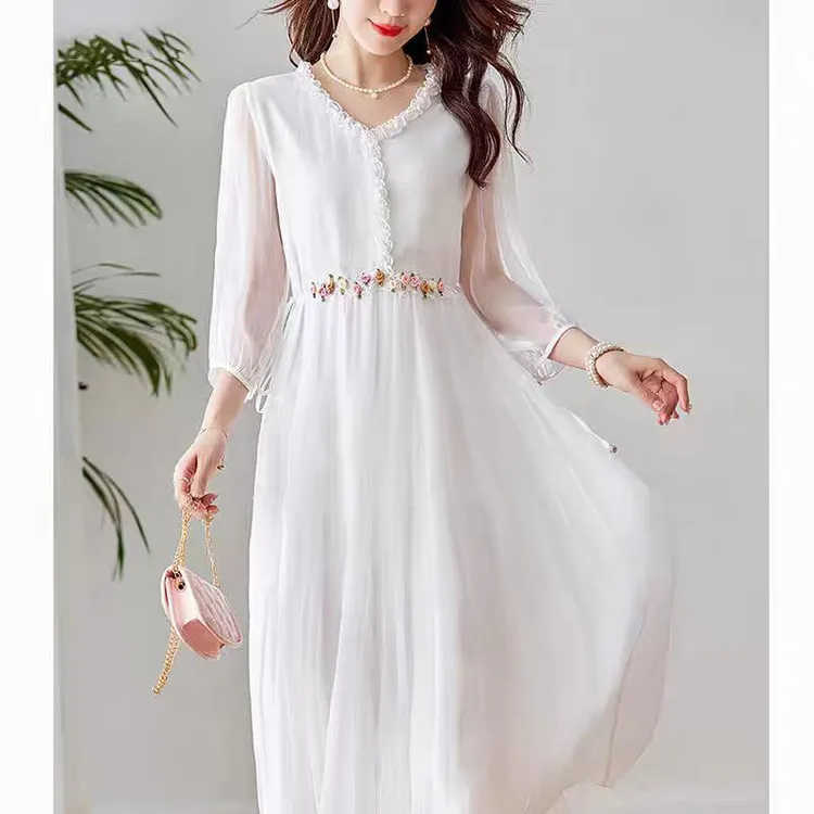 2527#白色海边度假风连衣裙夏高级感飘逸大摆长裙三亚沙滩裙纱裙