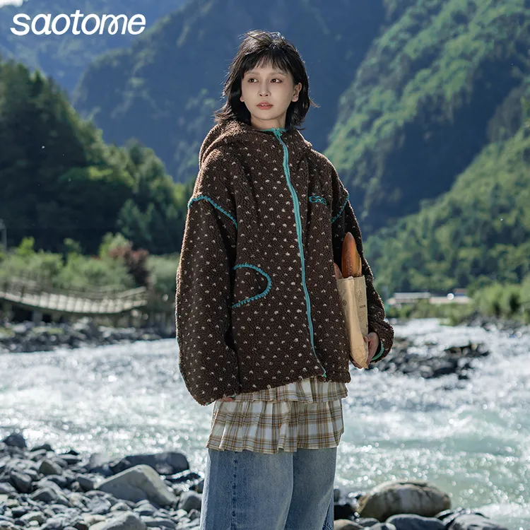 早乙女惠子Saotome 日系复古秋冬保暖波点连帽羊羔毛外套3641