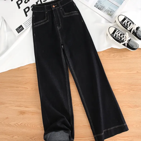 黑金阔腿牛仔裤女秋冬新款2025流行爆款高腰加绒小个子拖地直筒裤
