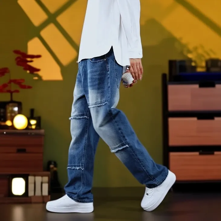 美式潮流毛边设计款男直筒裤春秋季百搭阔腿裤牛仔裤宽松潮流休闲