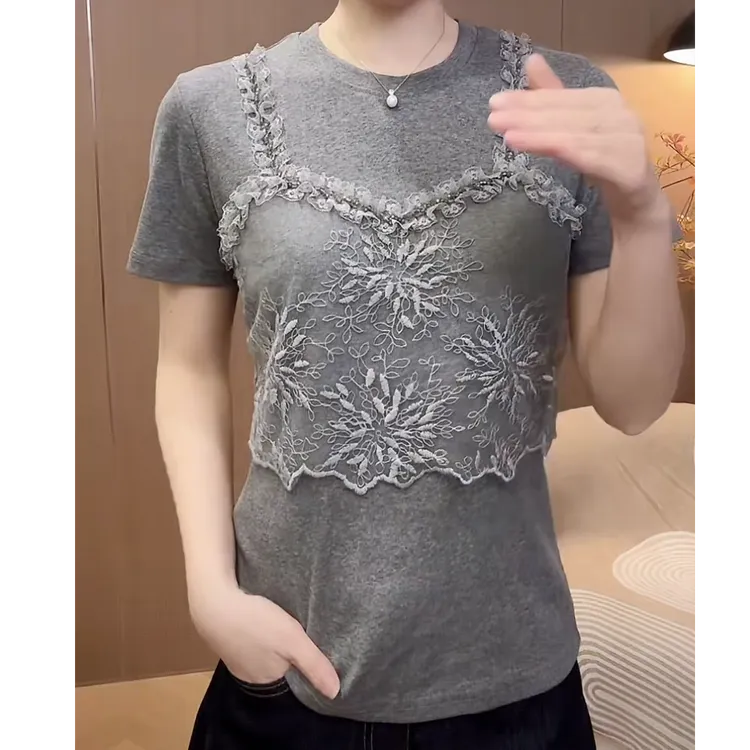 夏季女士假两件蕾丝钉珠短袖2025新款设计感洋气独特时尚显瘦上衣