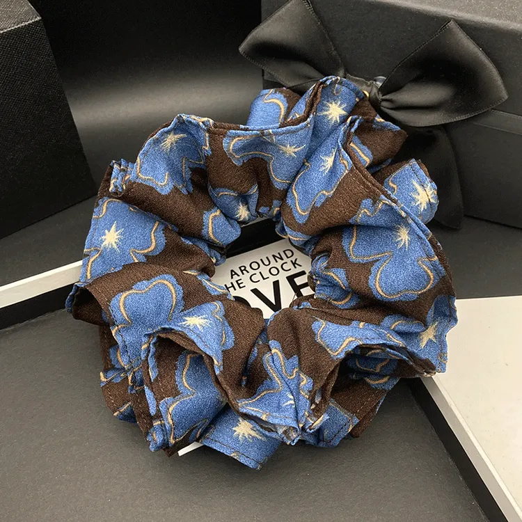 时尚撞色复古蓝色印花大肠发圈女高级感双层褶皱洋气发圈扎头发饰