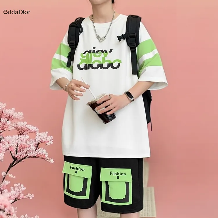 EDDADIOR夏新款时尚T恤短裤套装休闲男士潮流宽松透气百搭两件套