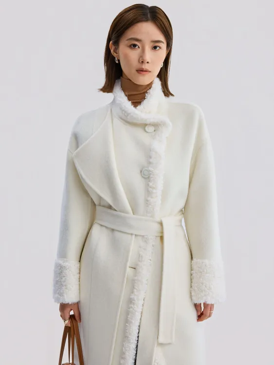 轻奢骆马绒毛呢！灰色系带高领毛呢外套女，打造高级感穿搭5001
