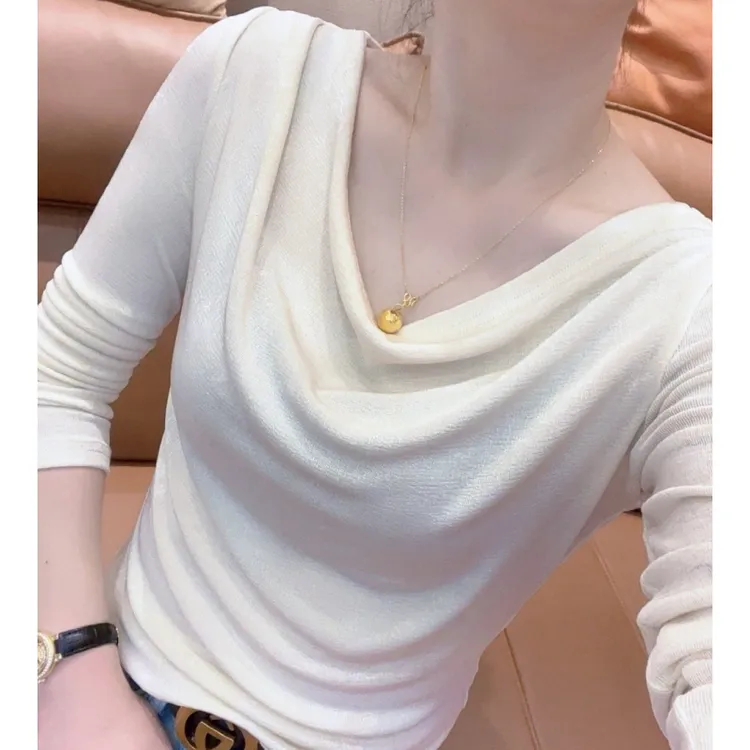 气质荡领洋气打底衫女2025年新款早春季修身显瘦百搭长袖T恤上衣