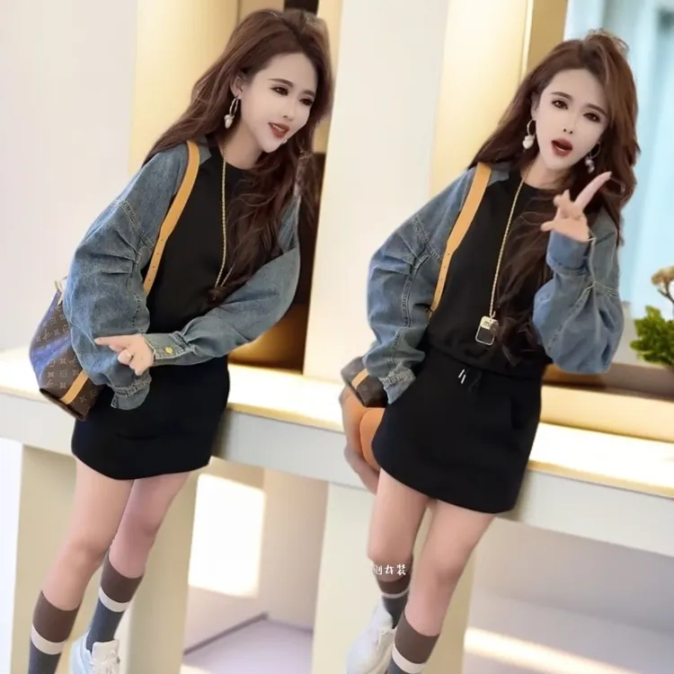 2025欧货拼接牛仔卫衣包臀裙两件套女时尚洋气高级小个子潮显瘦春