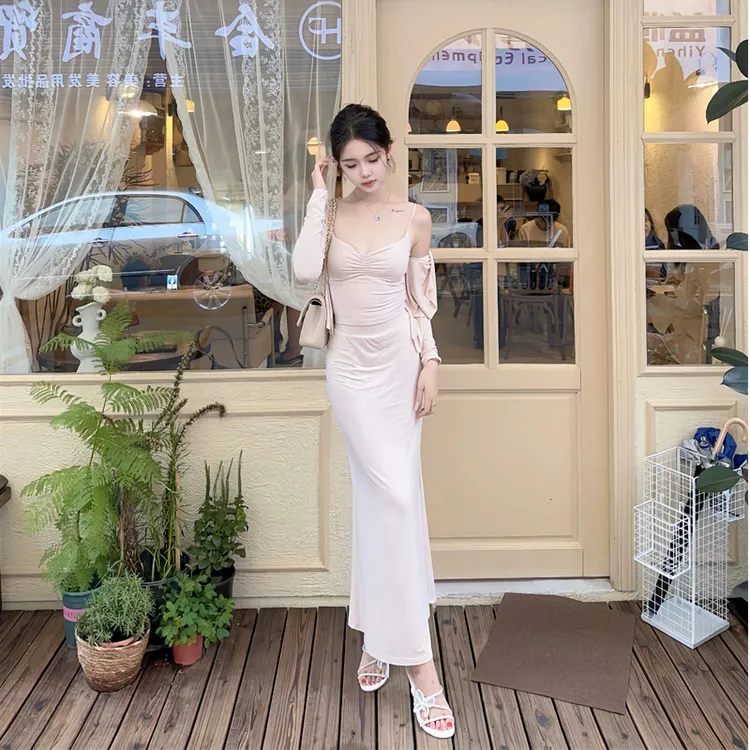 纯欲套装女气质粉色吊带褶皱背心长袖开衫外套鱼尾半身长裙三件套