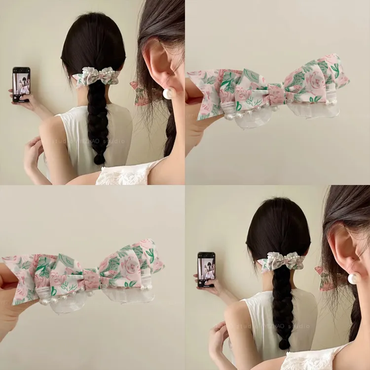 油画 画少女～粉蔷薇花朵蕾丝蝴蝶结发夹春季蕾丝蕾丝蝴蝶结发夹
