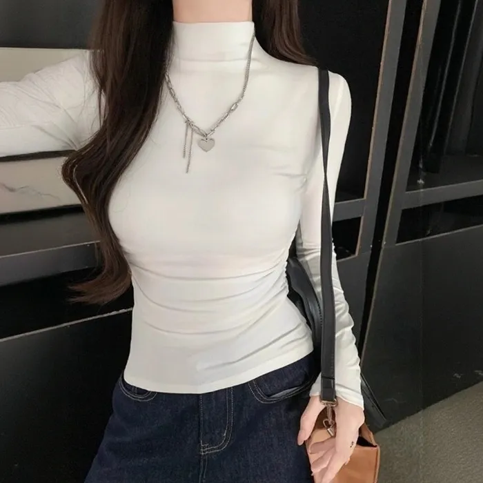 长袖上衣女半高领打底衫白色早初秋穿搭秋装女款秋季2025新款内搭