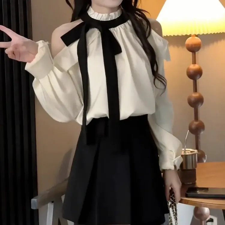 温柔风洋气甜美宽松百搭长袖撞色立领绑带露肩衬衫半身裙套装女