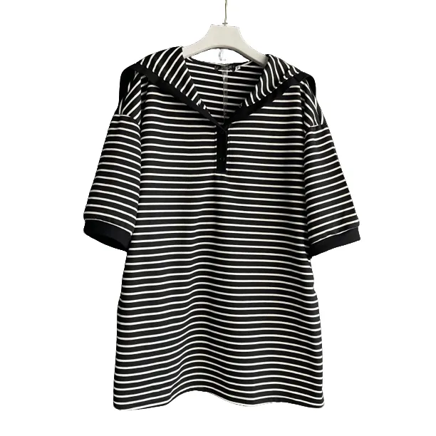 韩版中袖条纹印花常规海军领T恤翻领针织运动修身大码时尚