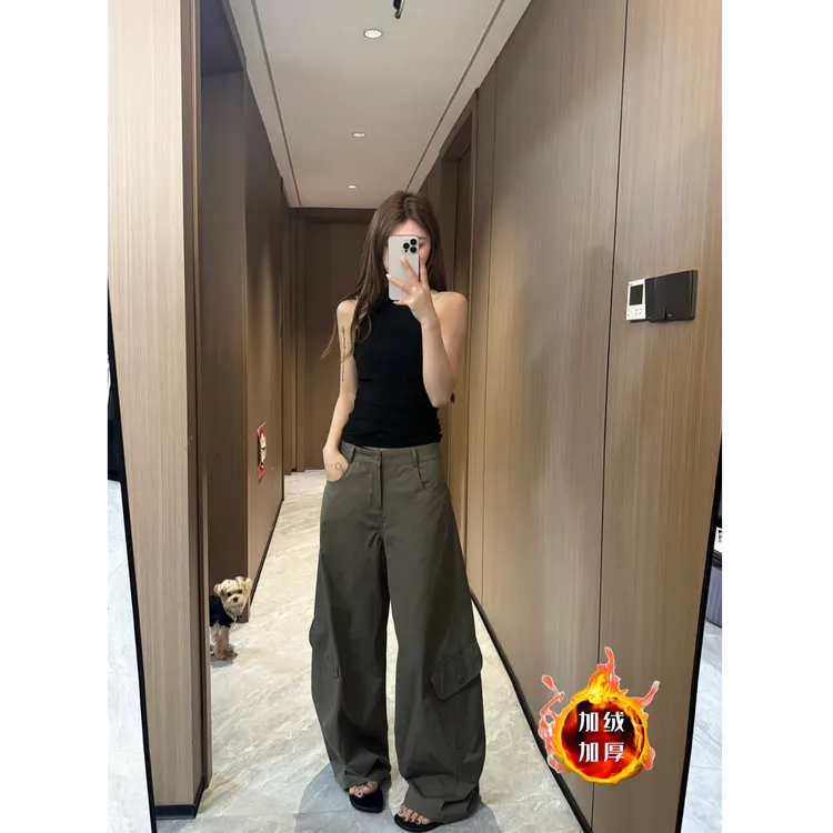 加绒加厚绿色工装裤女秋季美式辣妹休闲裤宽松百搭阔腿裤拖地裤子