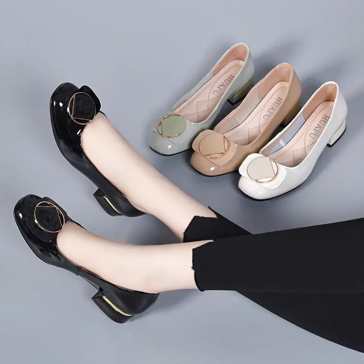 粗跟牛漆皮常规法式浅口圆头单鞋尖头皮鞋低跟舒适妈妈鞋