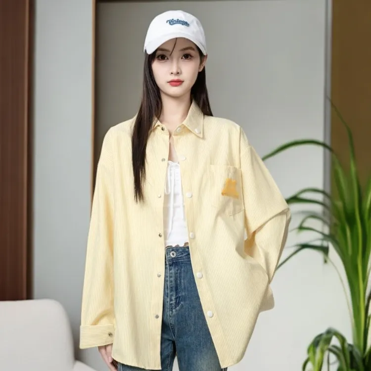 美式黄色条纹衬衫外套女春秋款新款长袖刺绣衬衣开衫外搭宽松上衣