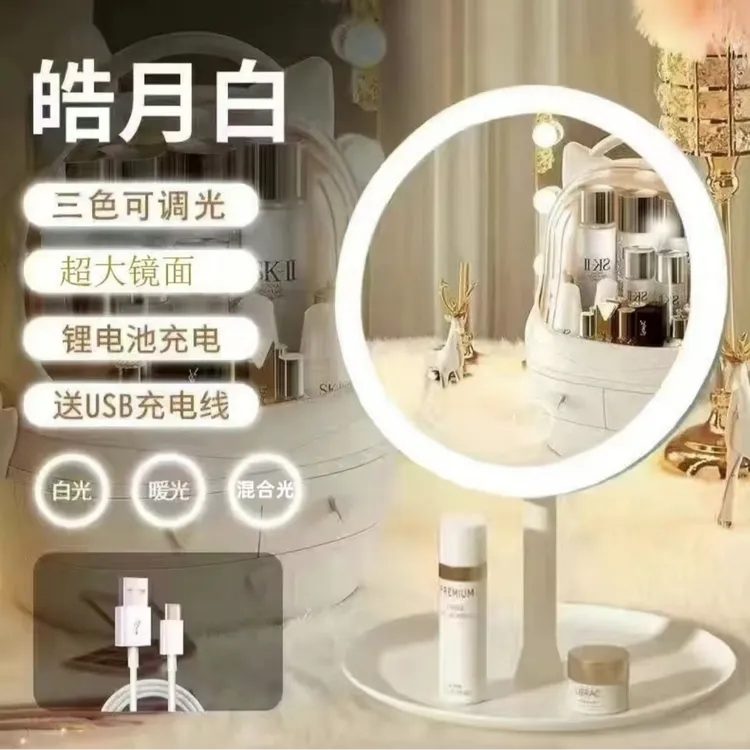 LED便携化妆镜送USB充电线带灯三色光可调家用宿舍女生美妆补光镜