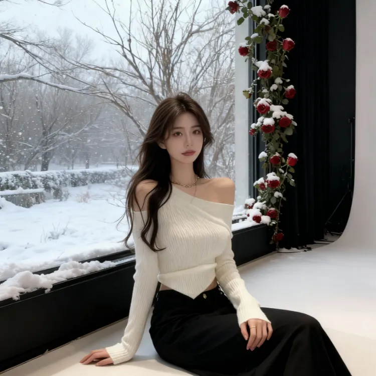 秋冬季设计感别致长袖打底针织衫上衣辣妹短款斜肩内搭毛衣上衣女