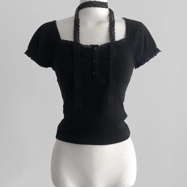 系带短款蕾丝通勤吸湿排汗T恤拼接方领女士lulu风