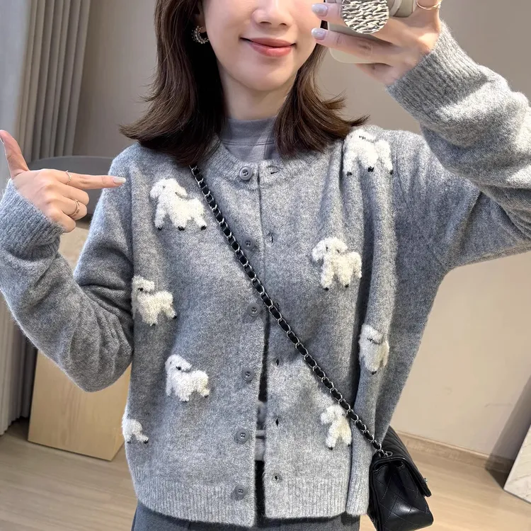 慵懒风复古针织毛衣开衫女春秋季软糯百搭针织上衣外套圆领宽松女
